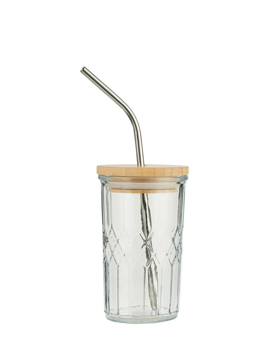 Glas mit Bambusdeckel & Trinkhalm 